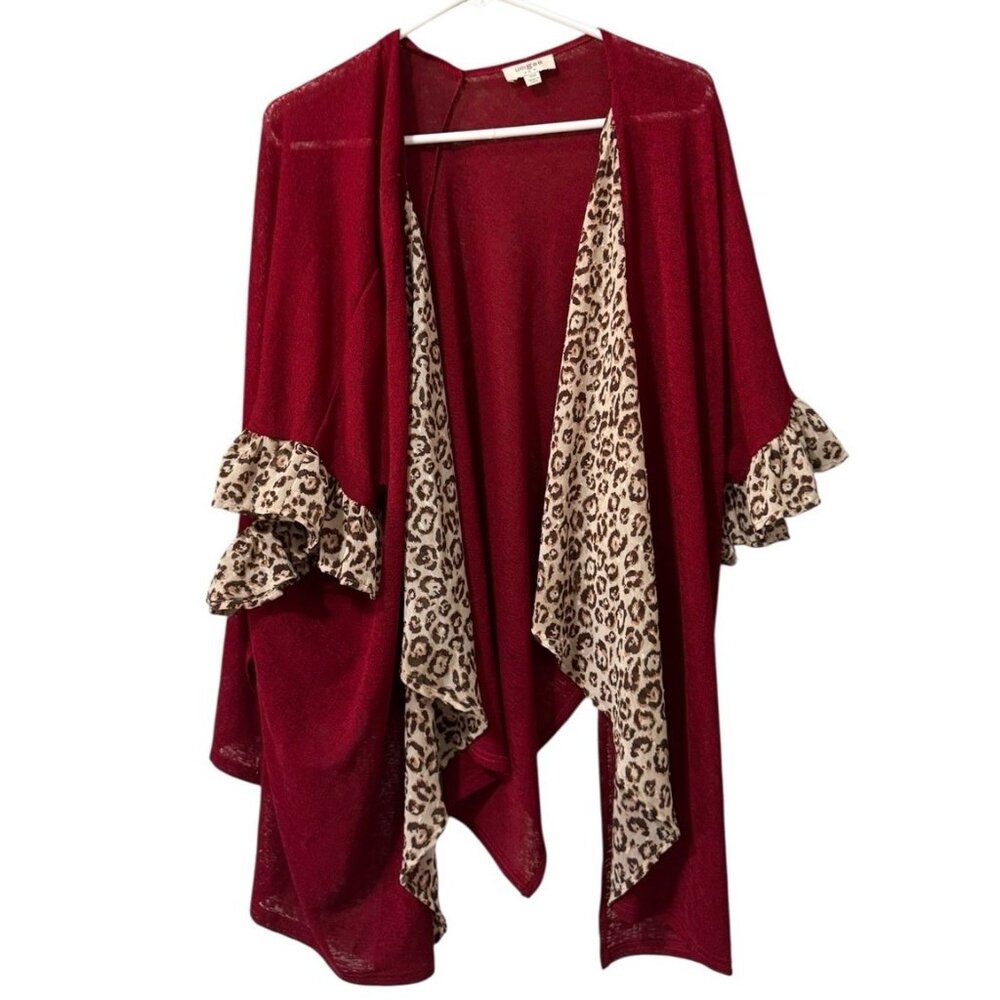 Umgee Leopard Kimono Duster Ruffle Sleeve Open‎ Front Cardigan Size S/M Bohemian
